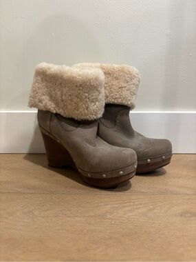 UGG Taupe Suede Carnegie Wedge Clog Boots with Cream Shearling Cuff